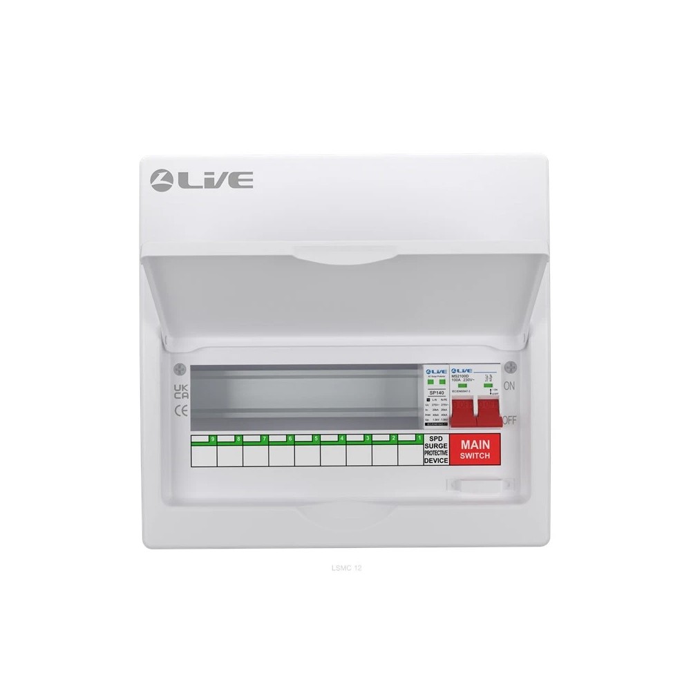 Live LSMC12M-SP 9 Way Consumer Unit 100A Main Switch SPD