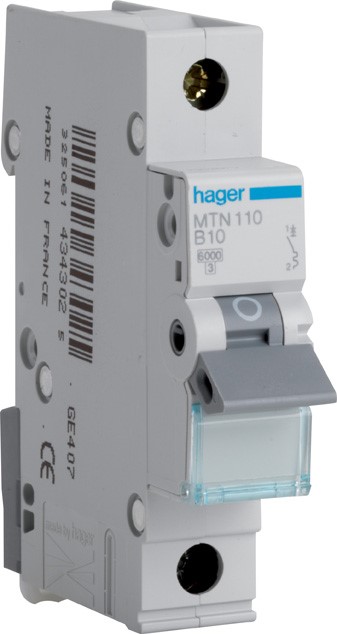 Hager MTN110 Single Pole MCB 6Ka Rated Type B for Single Phase - 10A