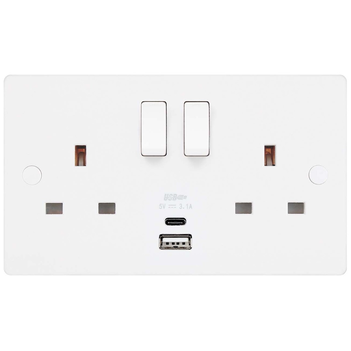 Niglon NS132USB-3C Median 2 Gang Switched Socket Outlet with Type A+C USB White